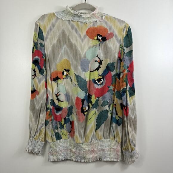 Anthropologie Blank London Floral Watercolor Top XS Smocked Sequin Chevron Boho - Picture 16 of 16